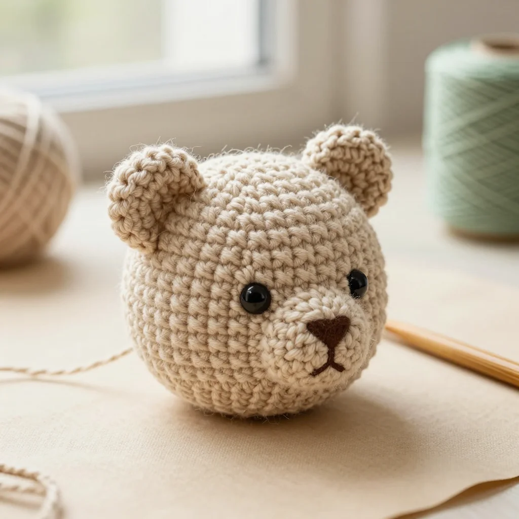 Gehäkelter Bärenkopf in Hafer-Beige, in Arbeit.