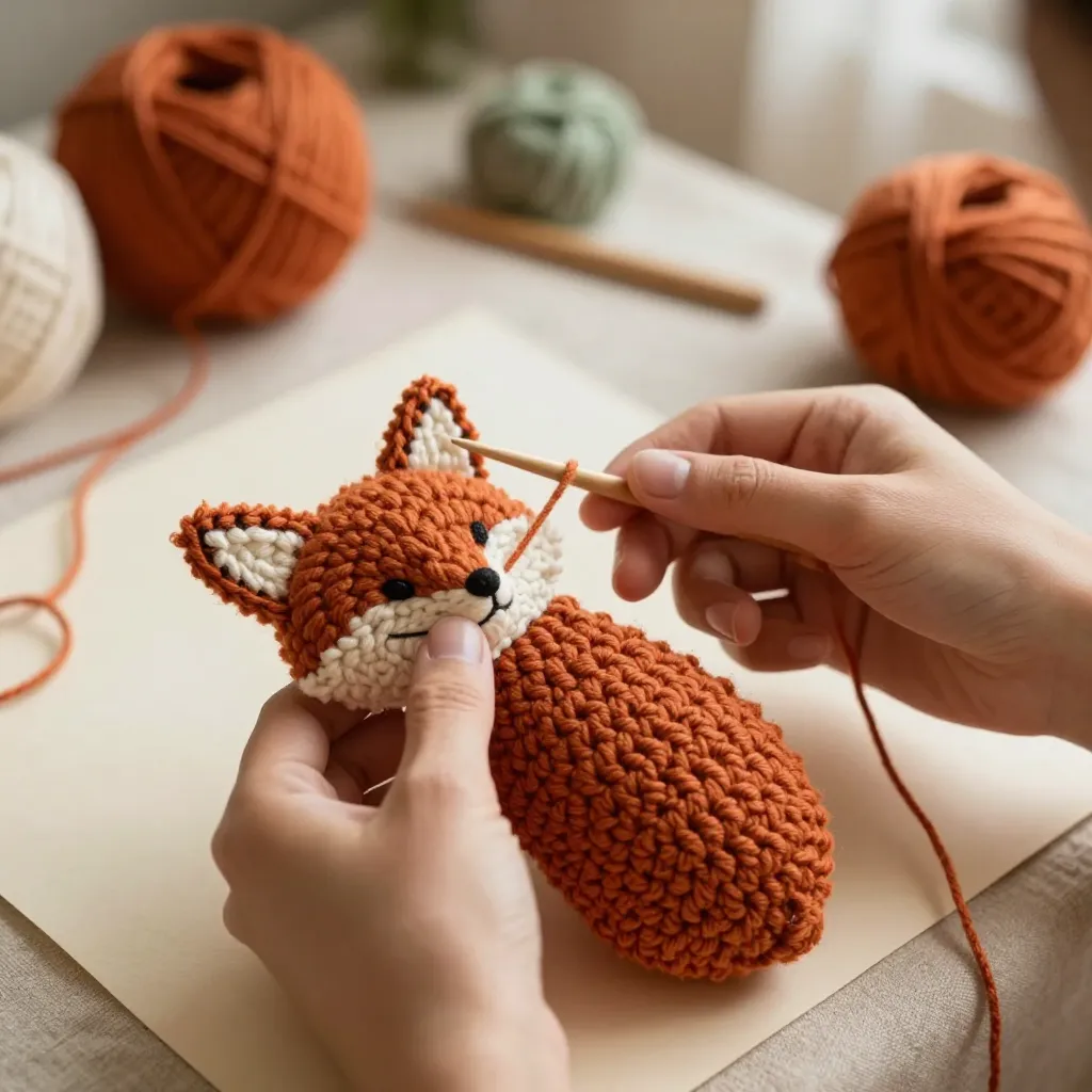 Halbfertiger Häkelfuchs in Arbeit